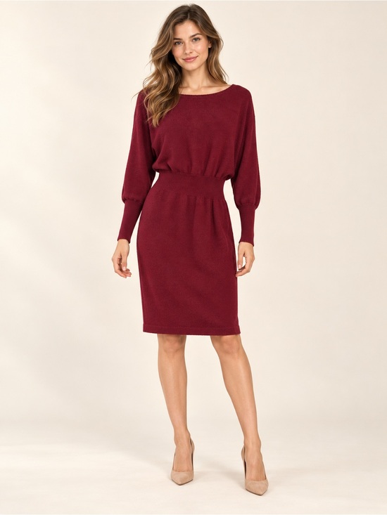 Dresses & Skirts - Women's Burgundy Knit Midi Dress with Waist Smocking